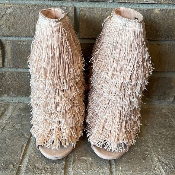 Nelly Bernal Mambo Champagne Fringe Open Toe Stiletto High Heels - Picture 9 of 12